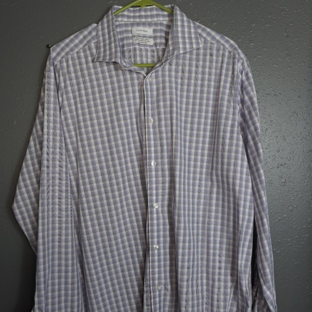 Calvin Klein Men Purple Grey Long Sleeve Slim Fit Button Down Size 21 Pit To Pit
